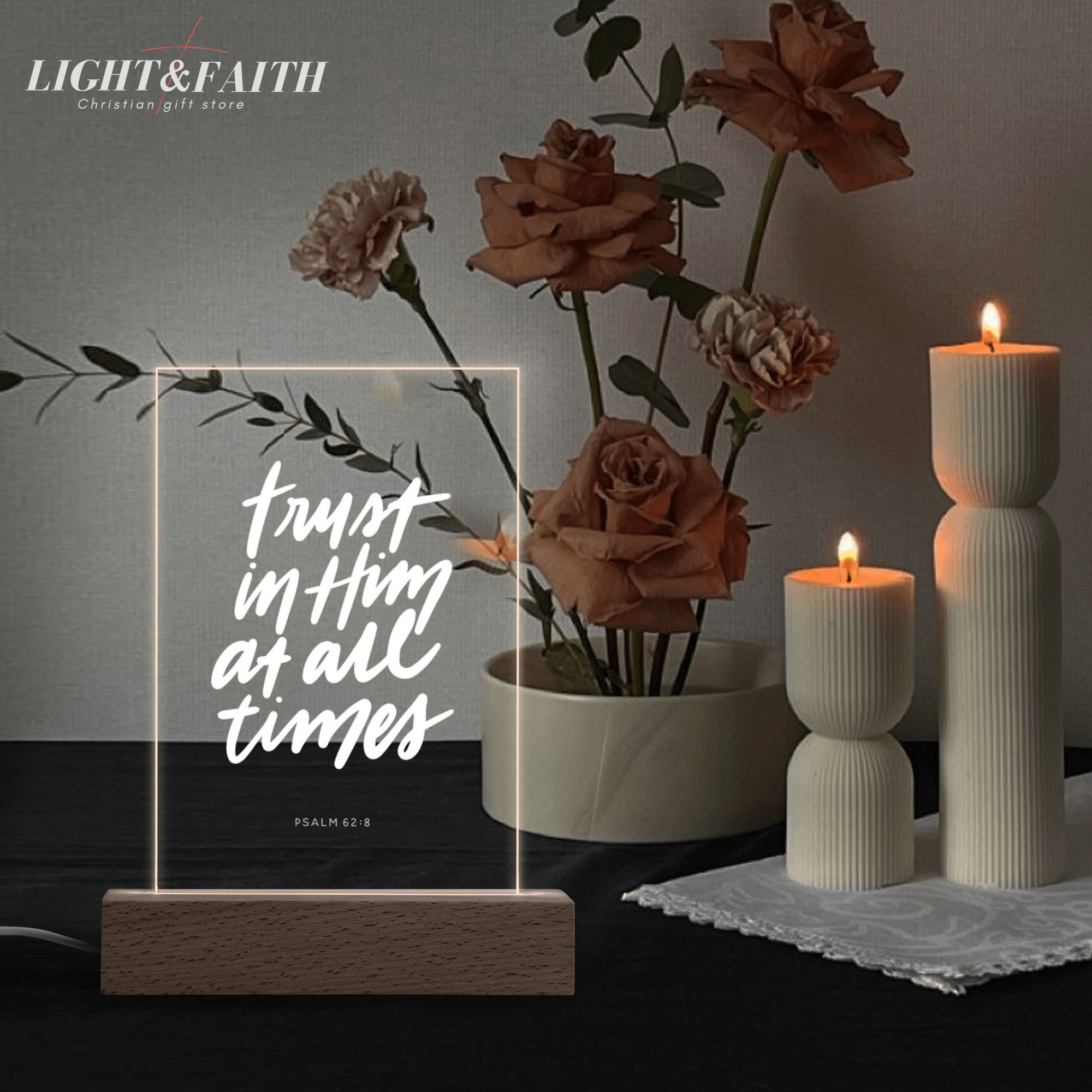 Trust In Him At All Times LED Light, Christian Bible Verse Lamp, Inspirational Acrylic Night Light, Religious Home Decor, Faith Gift for Believers. NLLAF46